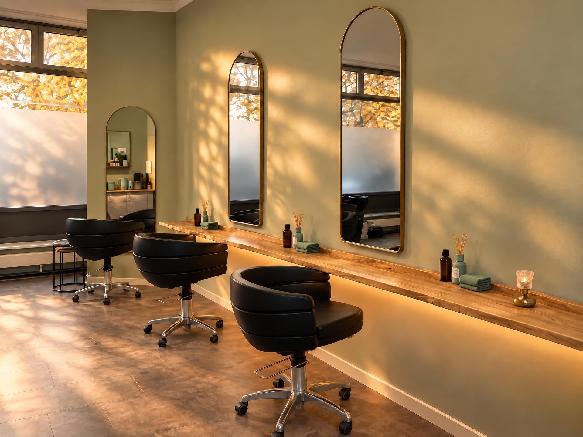 Frisierplätze bei ieFRISEURE mit goldgerahmten Spiegeln und Eichenablage im warmen Licht